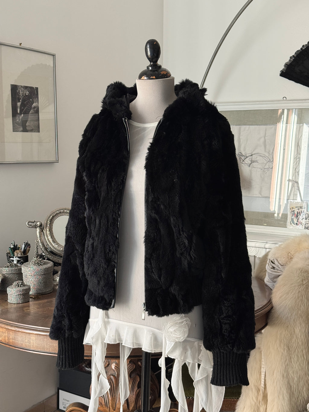 Fur  Hooded Bomber Jacket in Black