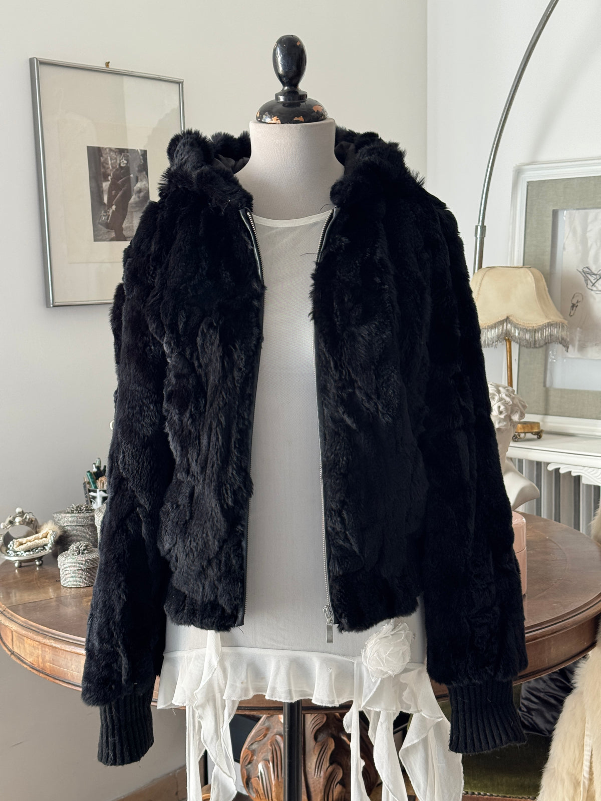 Fur  Hooded Bomber Jacket in Black