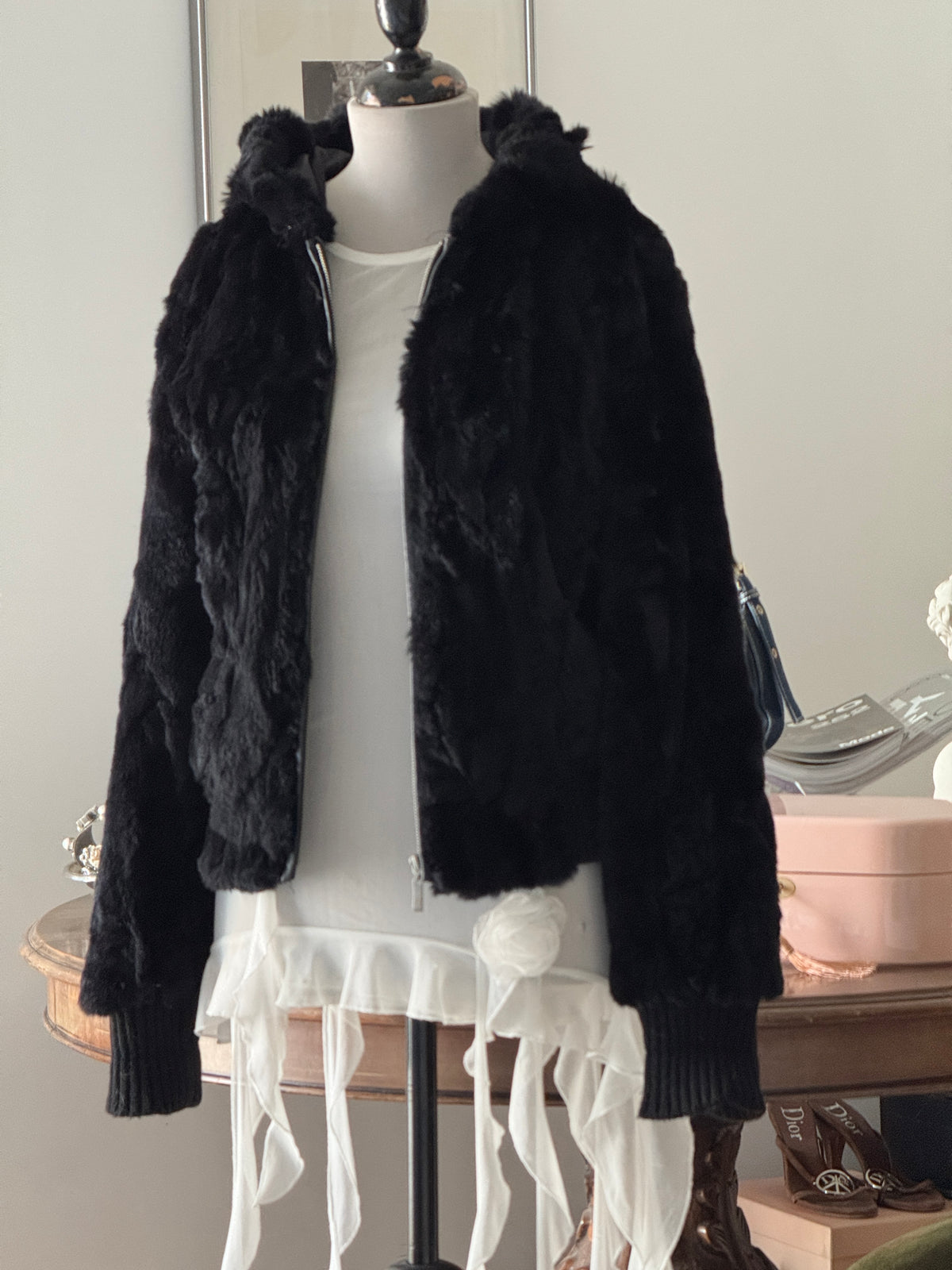 Fur  Hooded Bomber Jacket in Black