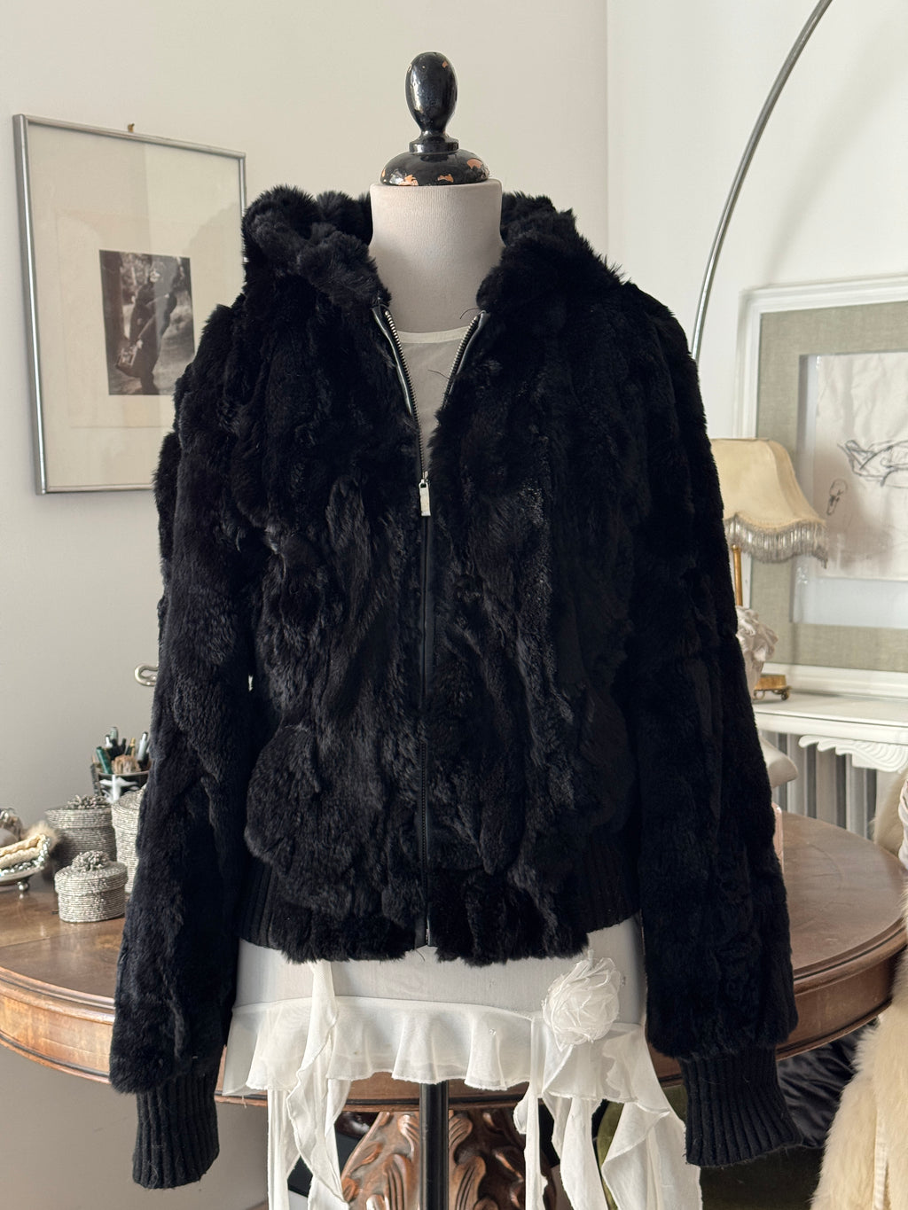 Fur  Hooded Bomber Jacket in Black