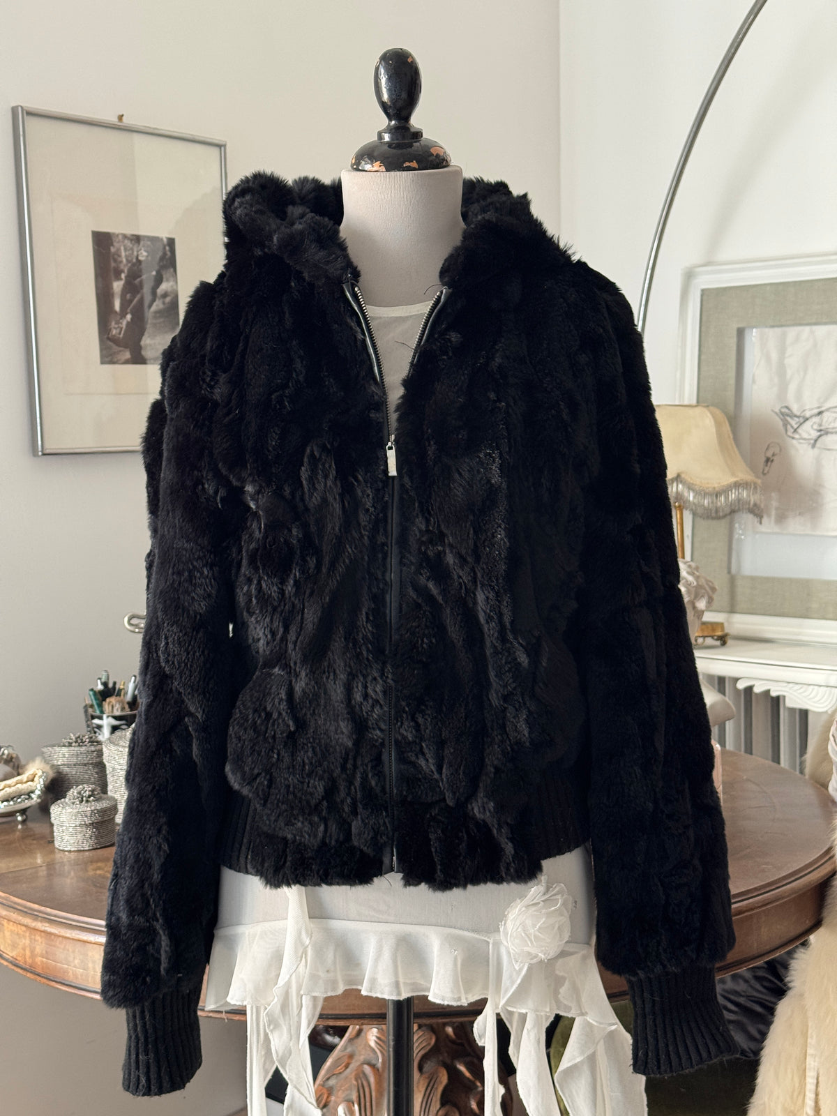 Fur  Hooded Bomber Jacket in Black