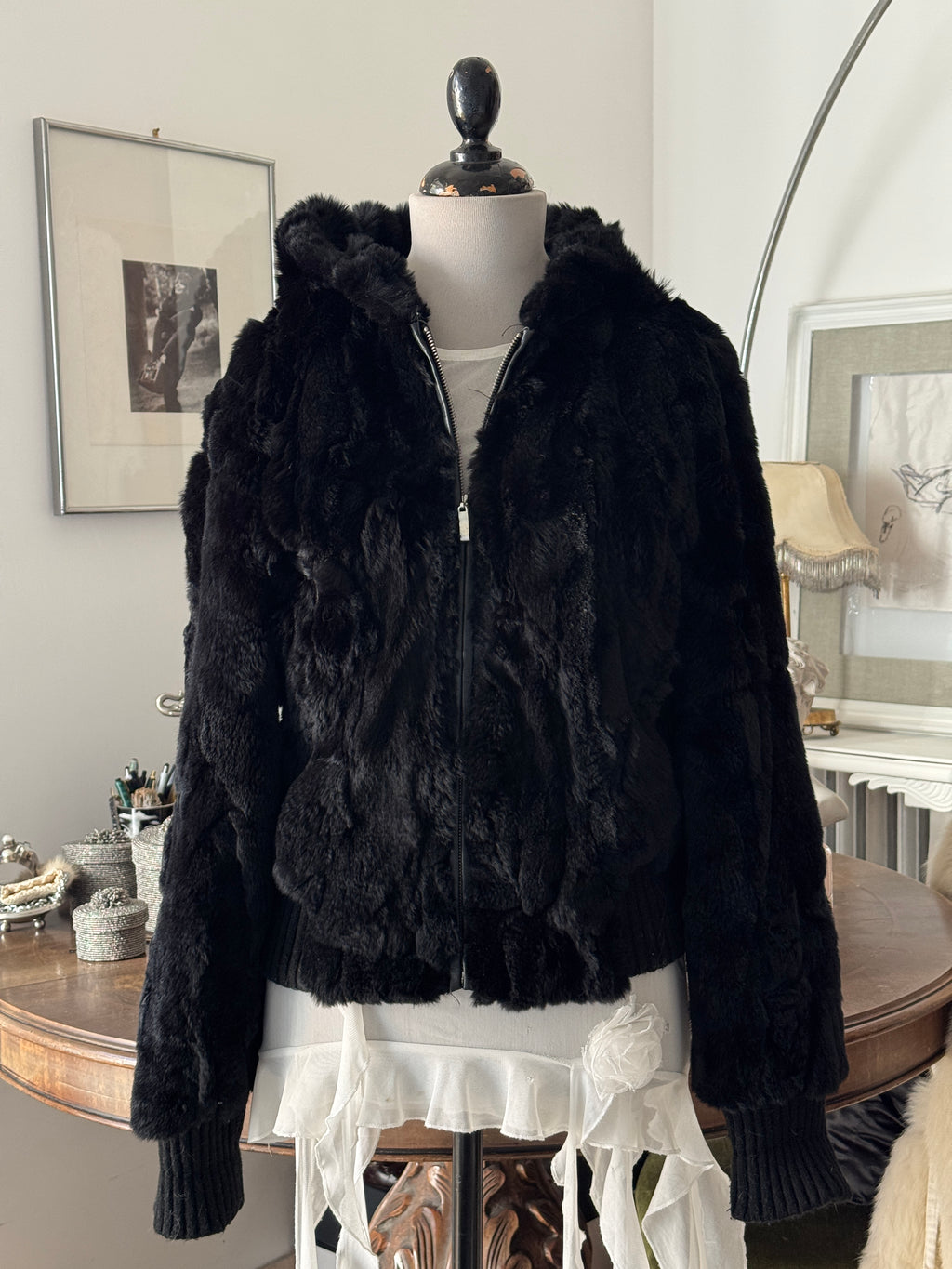 Fur  Hooded Bomber Jacket in Black