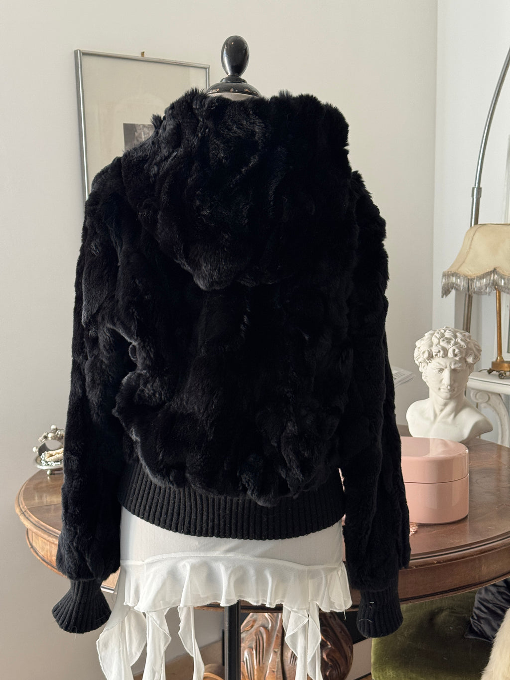 Fur  Hooded Bomber Jacket in Black