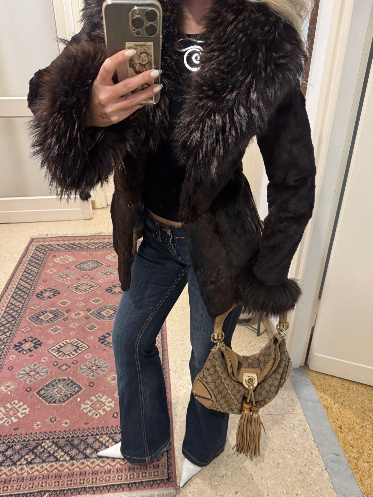 Brown Fur Coat with Collar and Sleeve Details