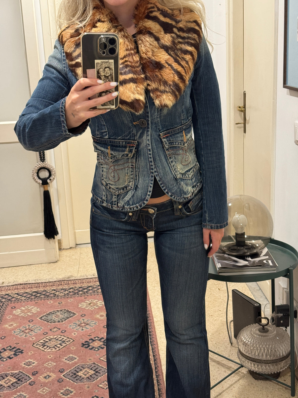 Denim Blazer with Fur Collar