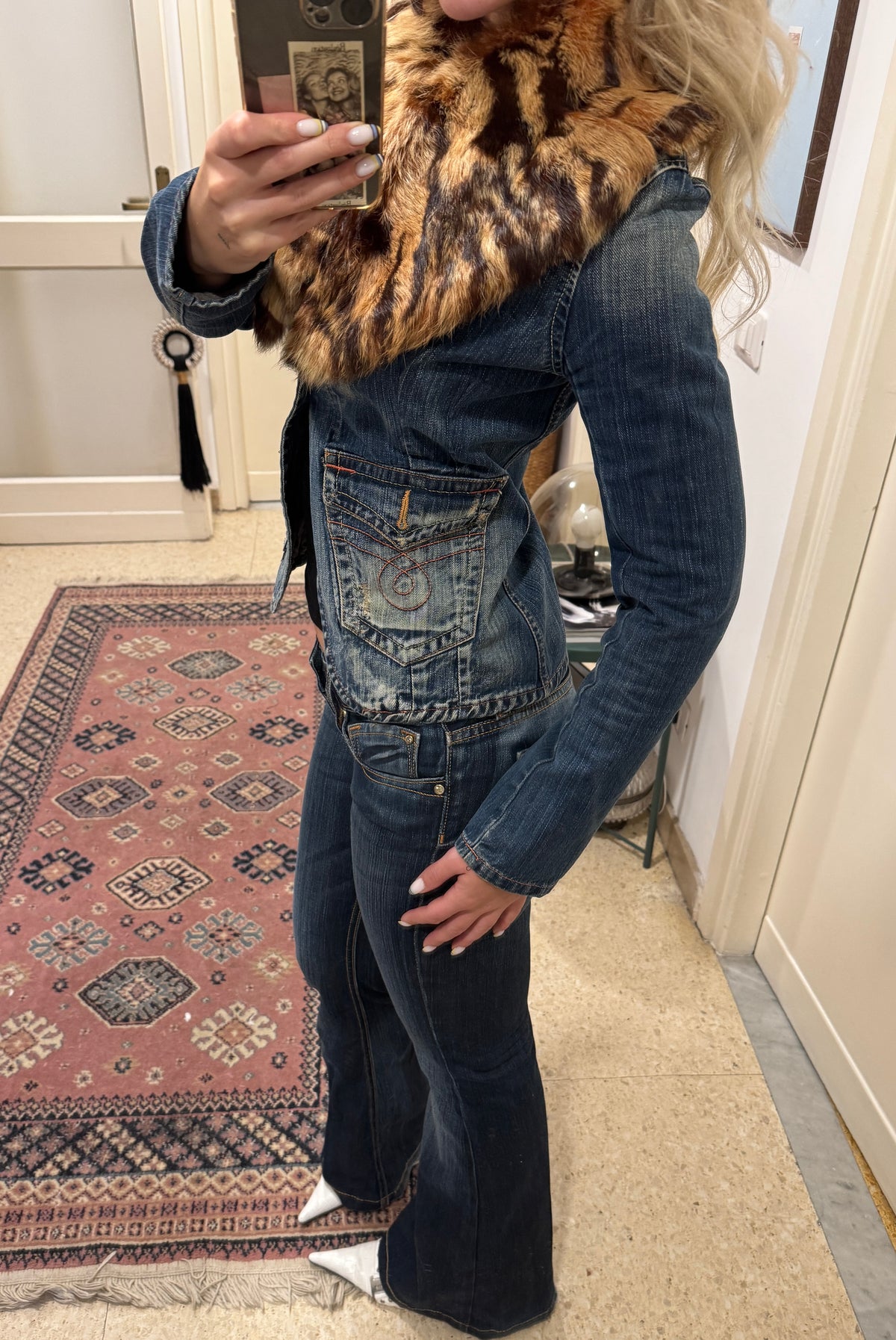 Denim Blazer with Fur Collar