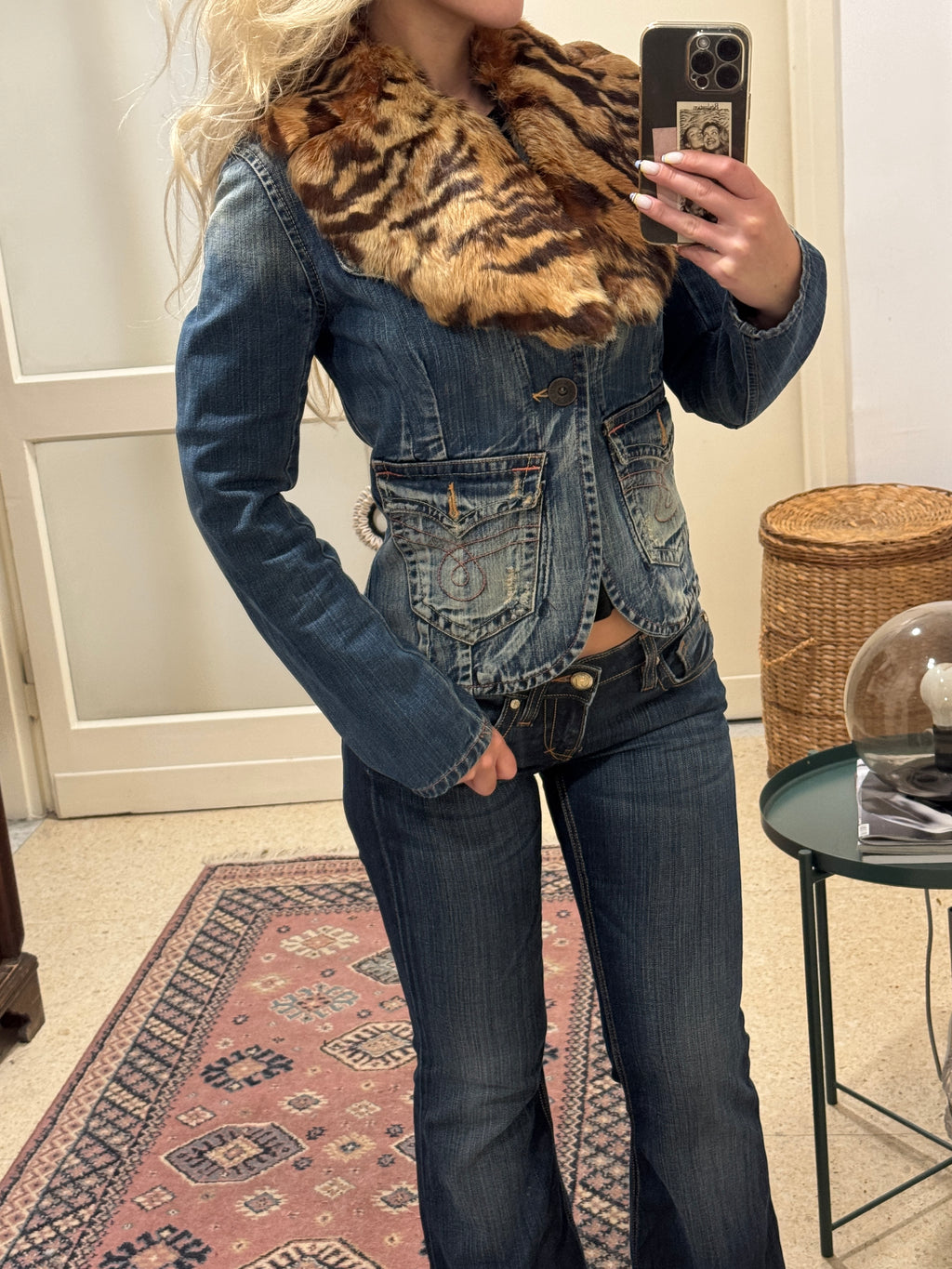 Denim Blazer with Fur Collar