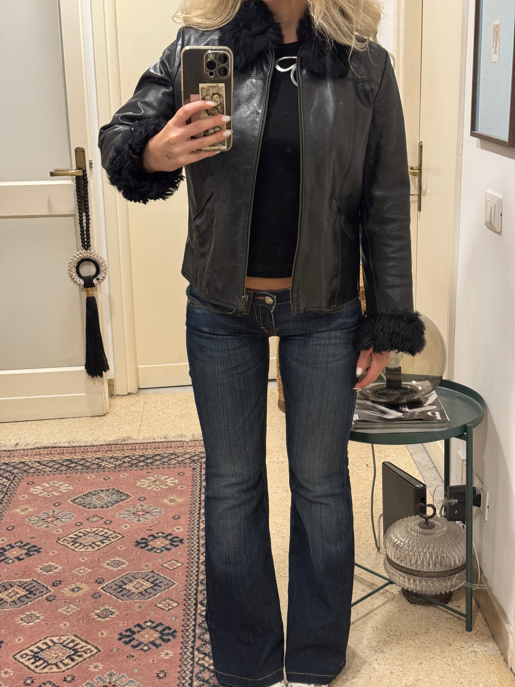 Black Leather and Shearling Biker Jacket