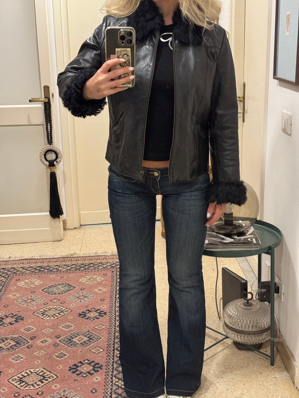 Black Leather and Shearling Biker Jacket