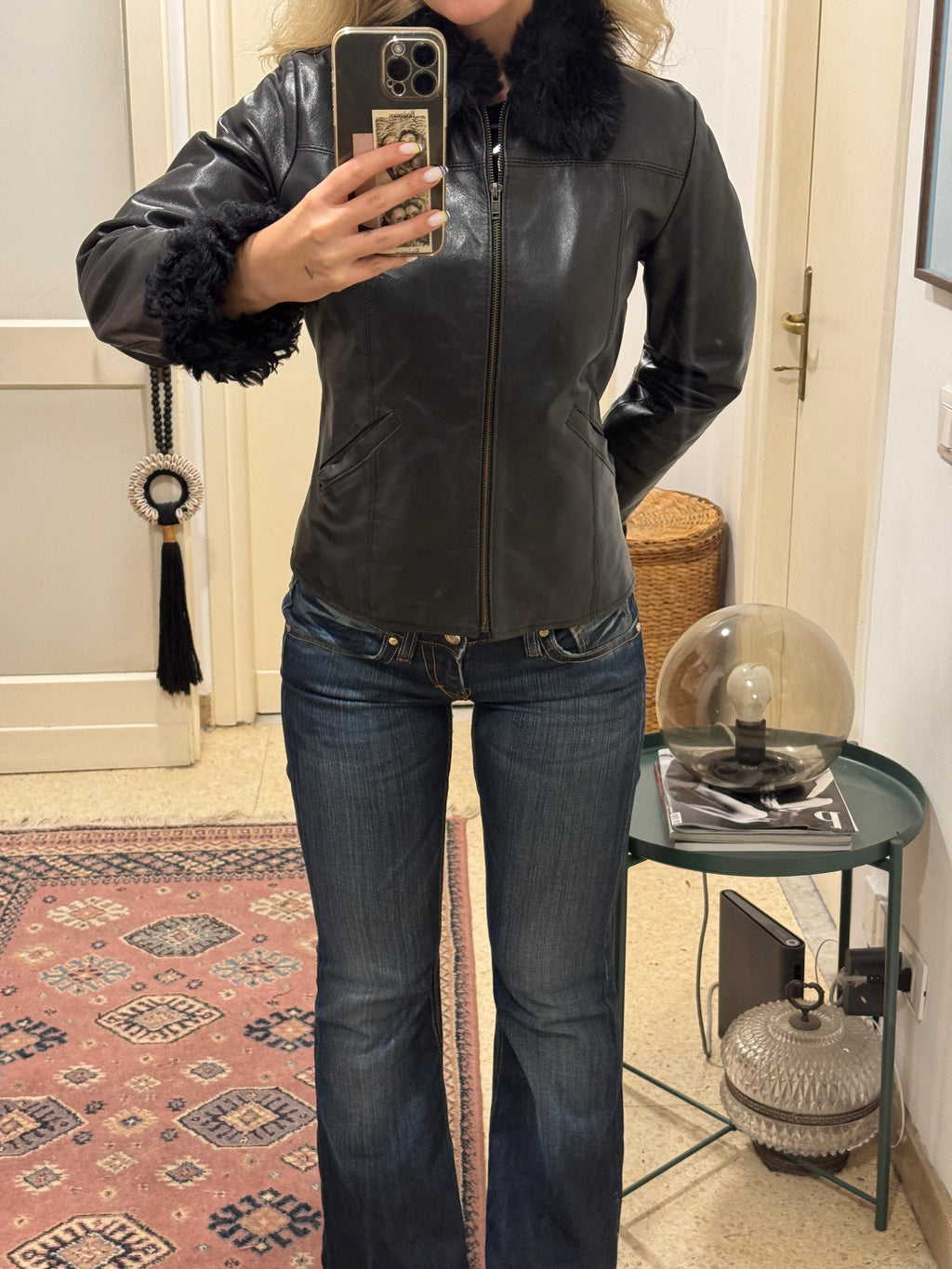 Black Leather and Shearling Biker Jacket