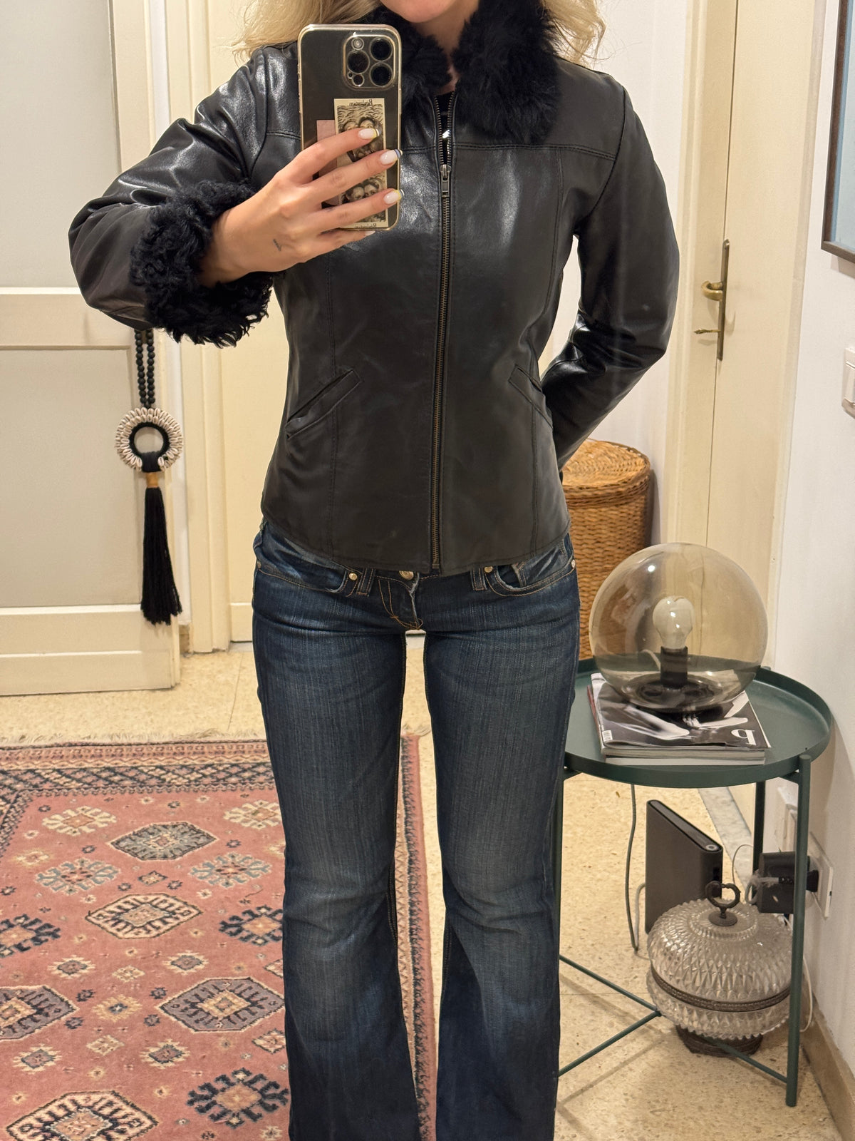 Black Leather and Shearling Biker Jacket