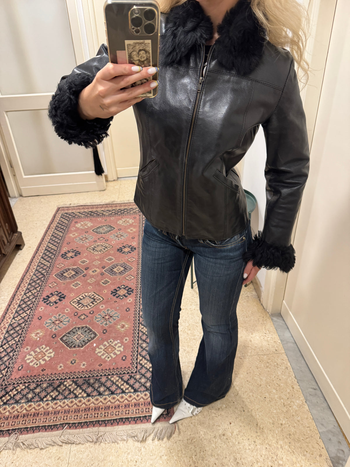 Black Leather and Shearling Biker Jacket
