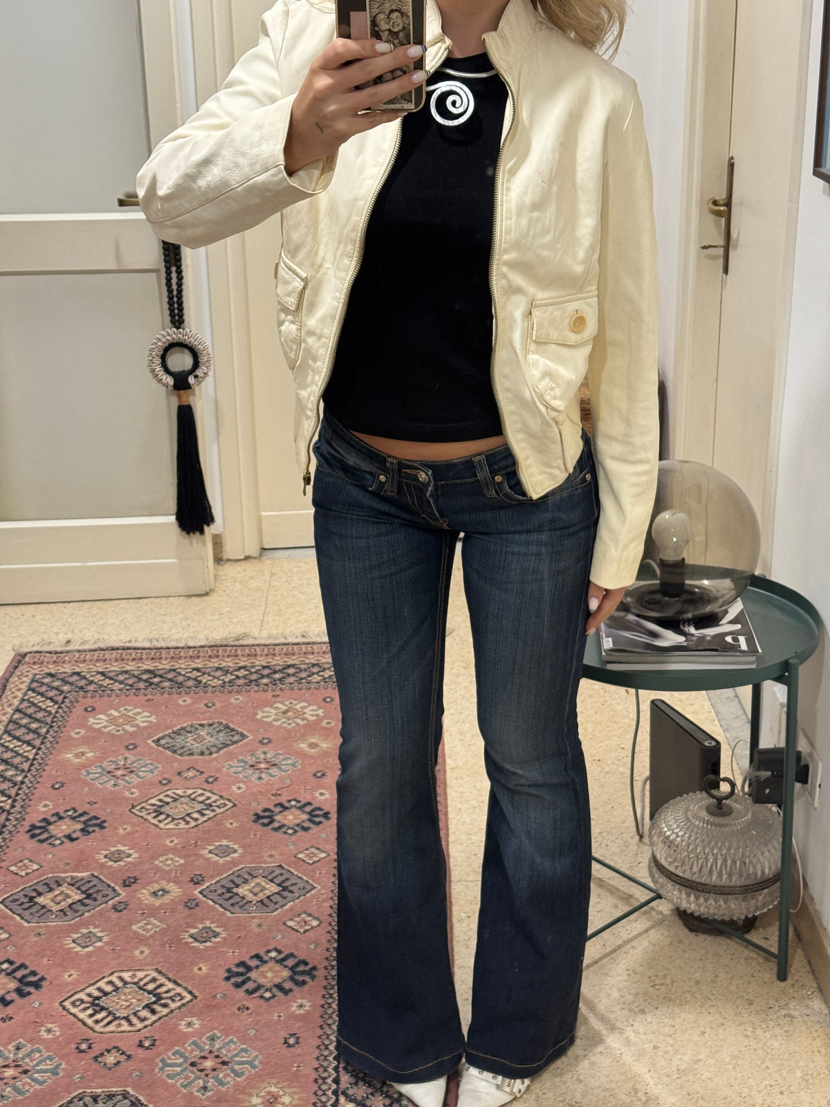 Creme Bomber Jacket in Leather