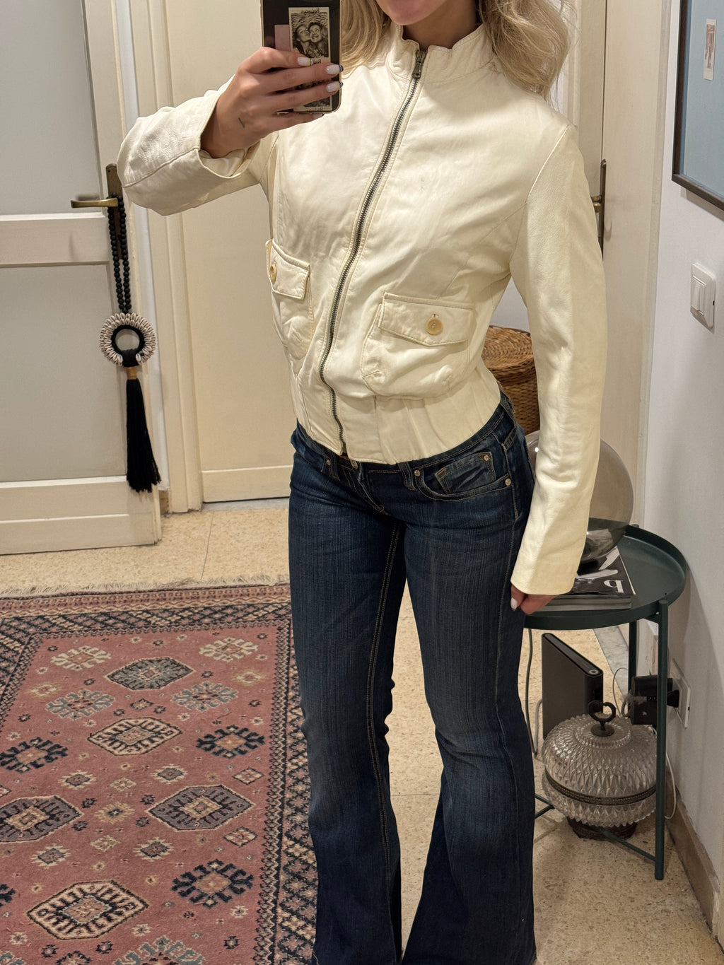 Creme Bomber Jacket in Leather