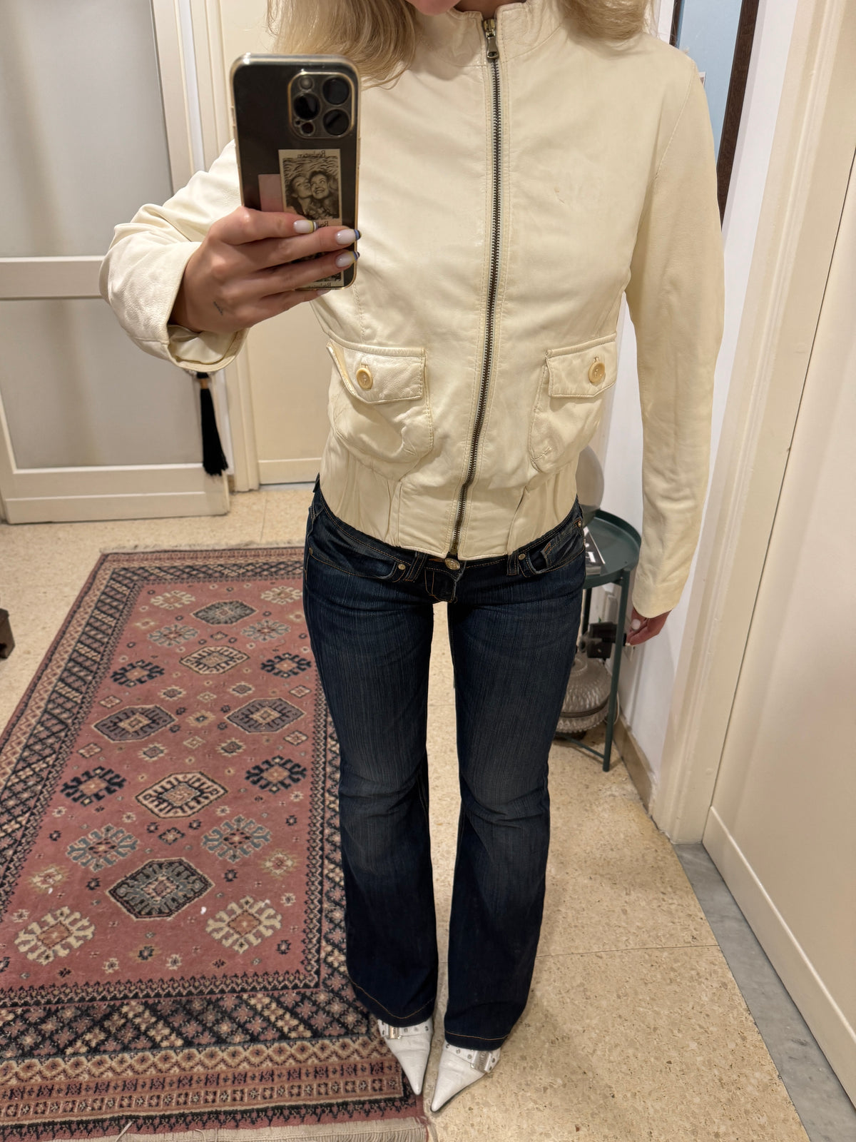 Creme Bomber Jacket in Leather