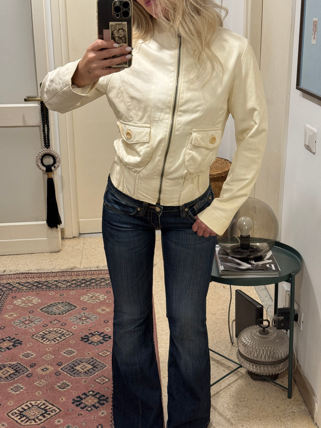 Creme Bomber Jacket in Leather