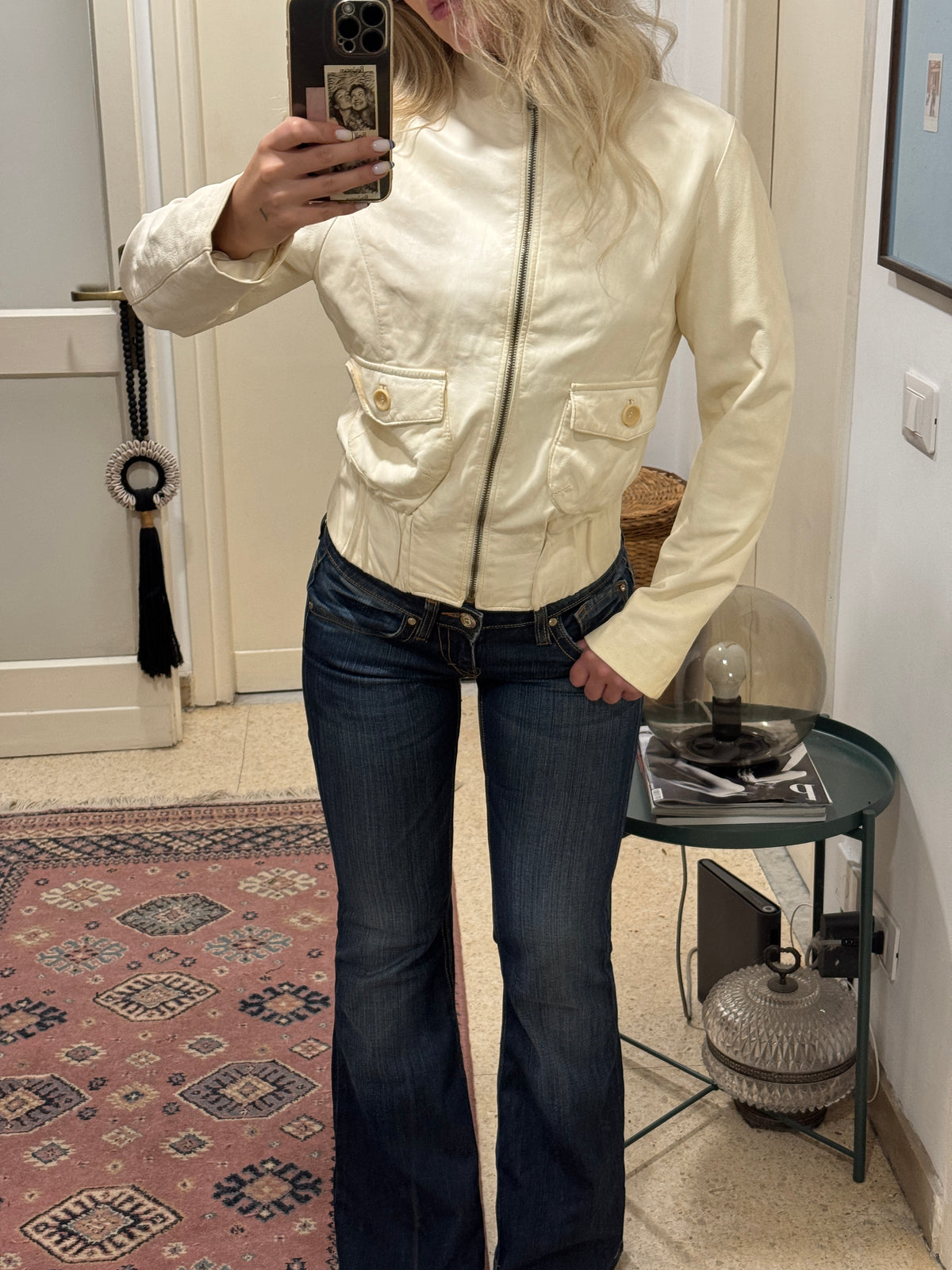 Creme Bomber Jacket in Leather