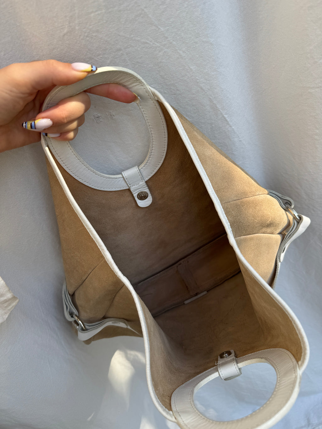 Brown Suede Clutch with White Leather Details
