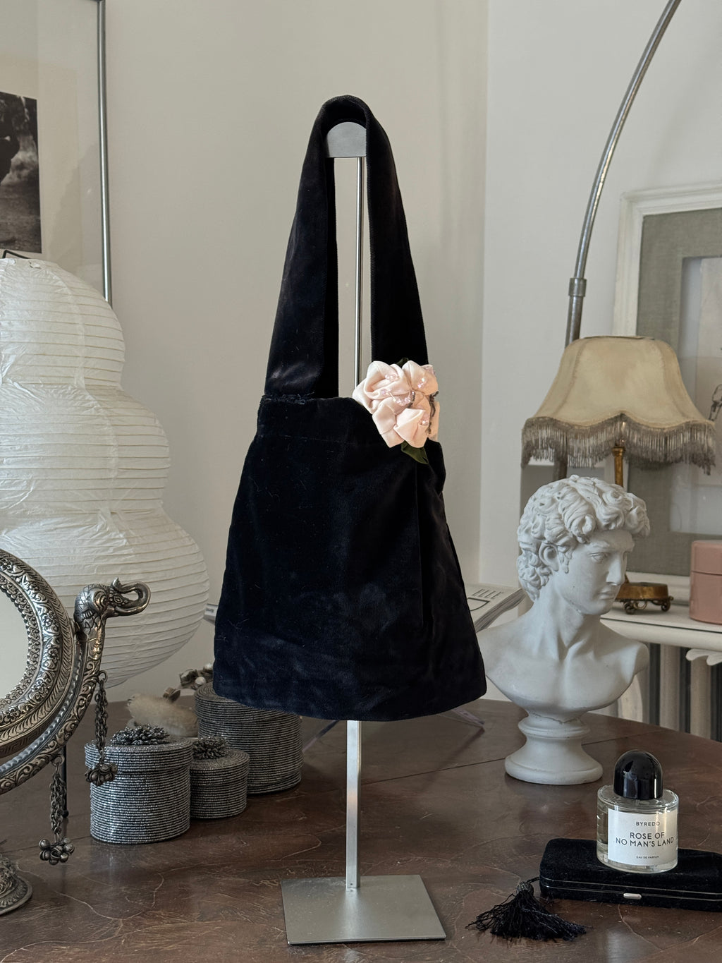 Velvet Shoulder Bag with Flower Details