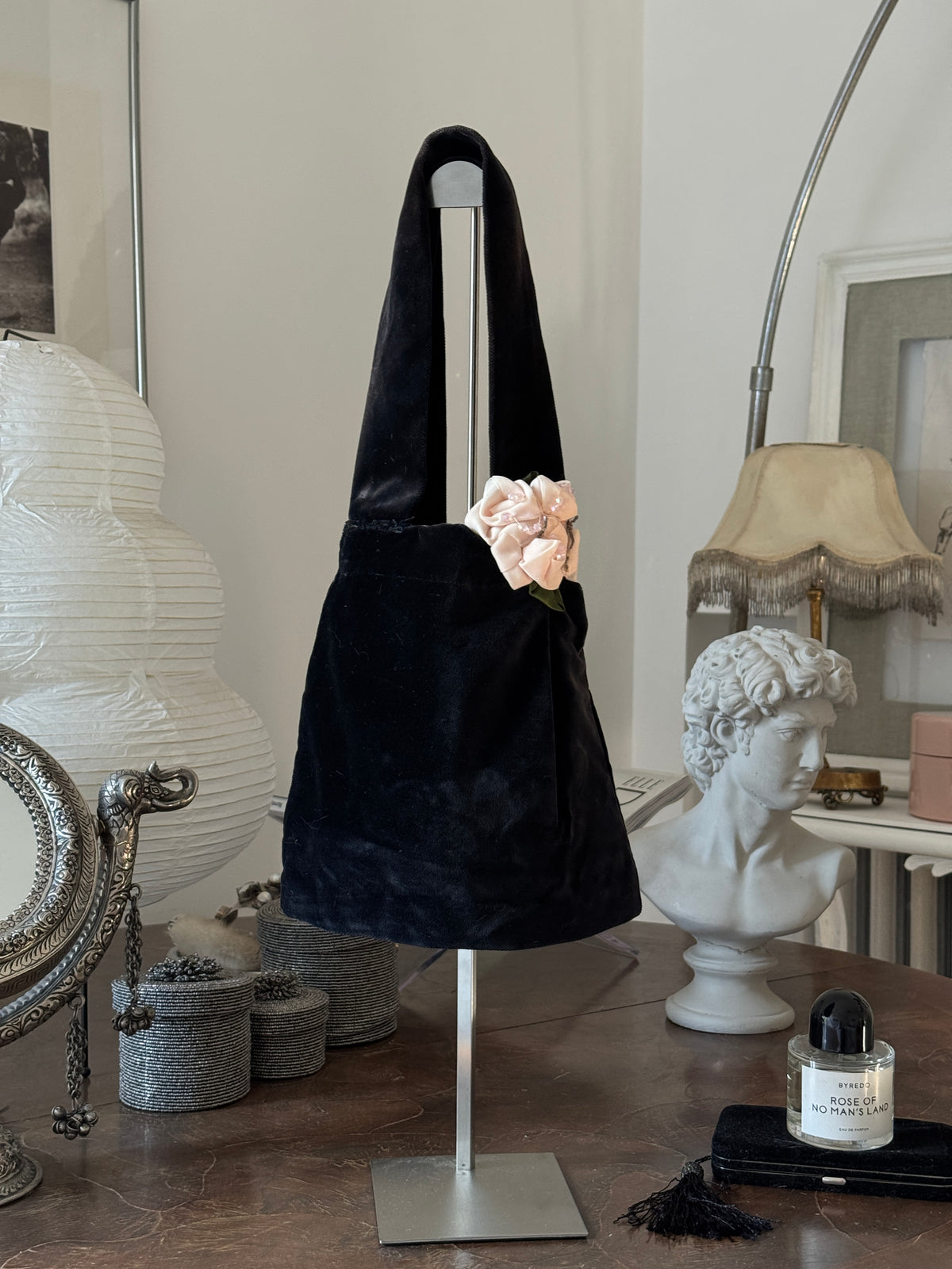 Velvet Shoulder Bag with Flower Details