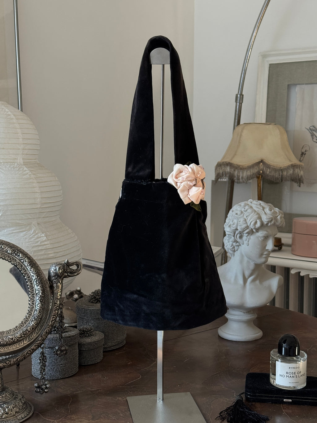 Velvet Shoulder Bag with Flower Details