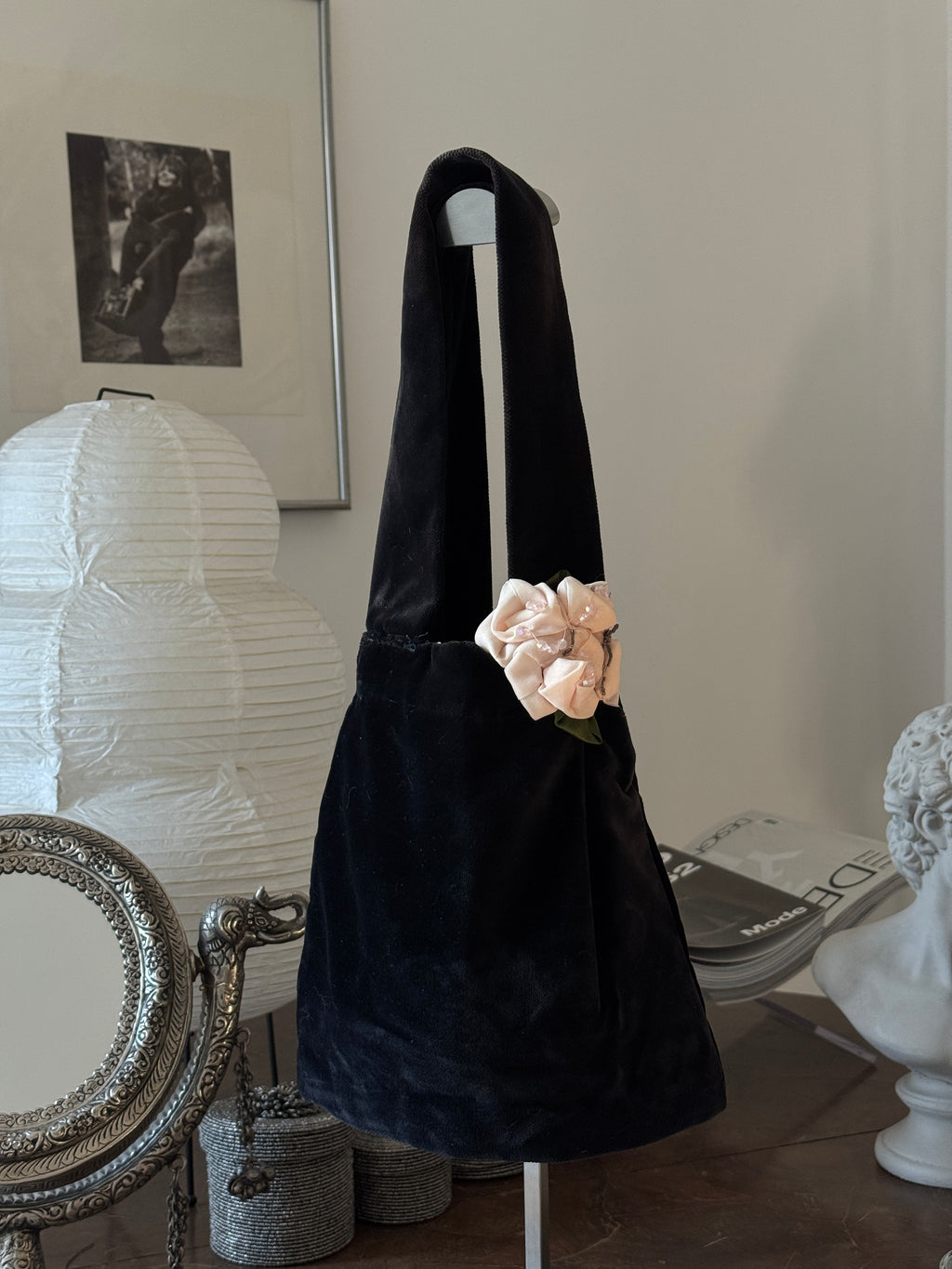 Velvet Shoulder Bag with Flower Details