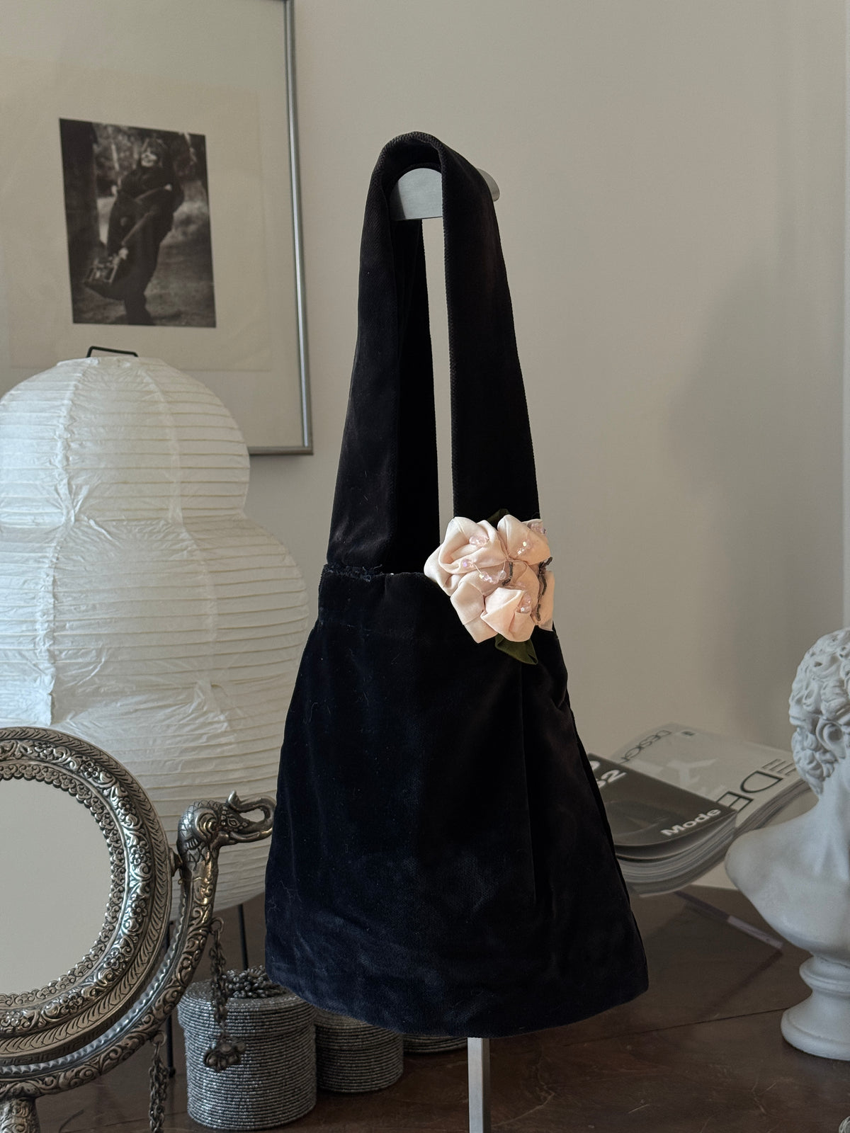 Velvet Shoulder Bag with Flower Details