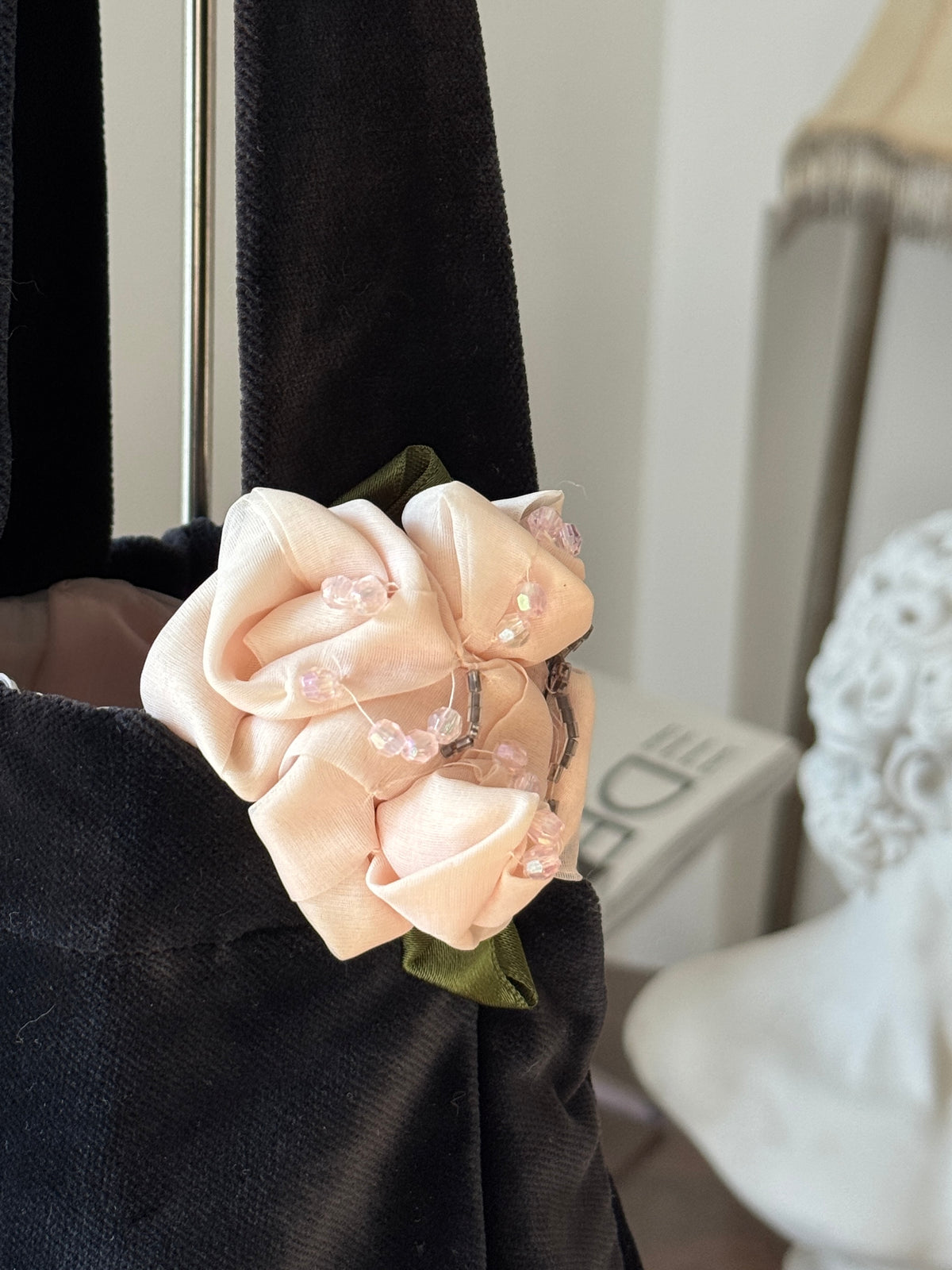 Velvet Shoulder Bag with Flower Details