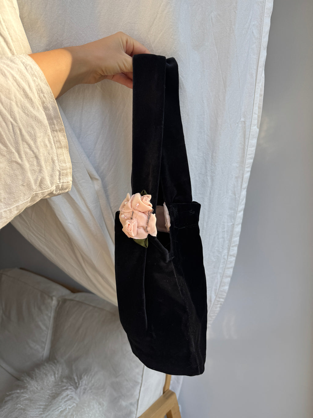 Velvet Shoulder Bag with Flower Details