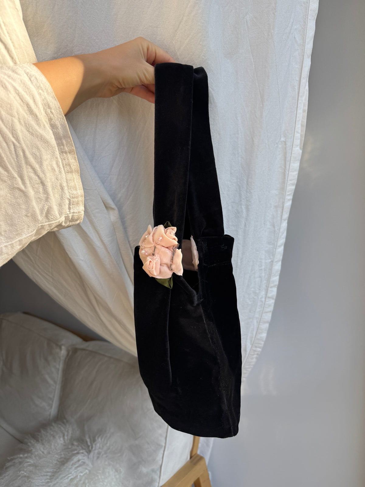Velvet Shoulder Bag with Flower Details