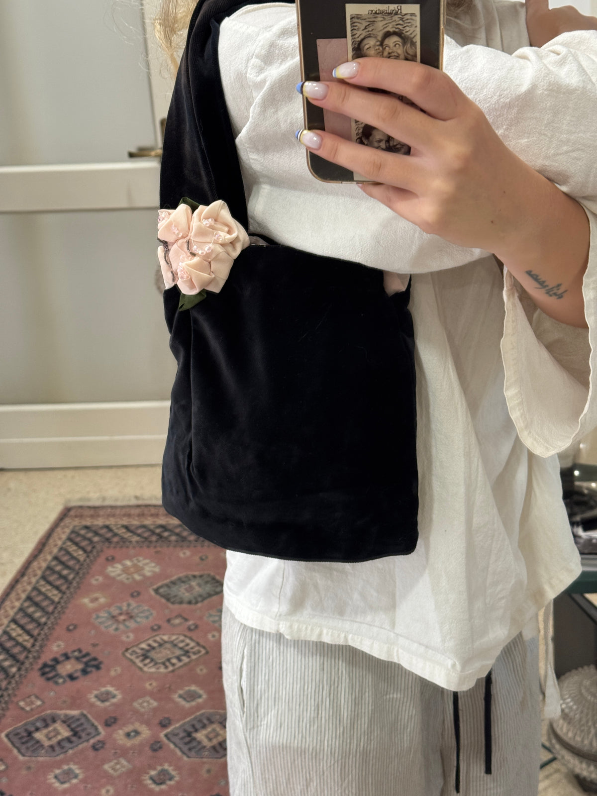 Velvet Shoulder Bag with Flower Details