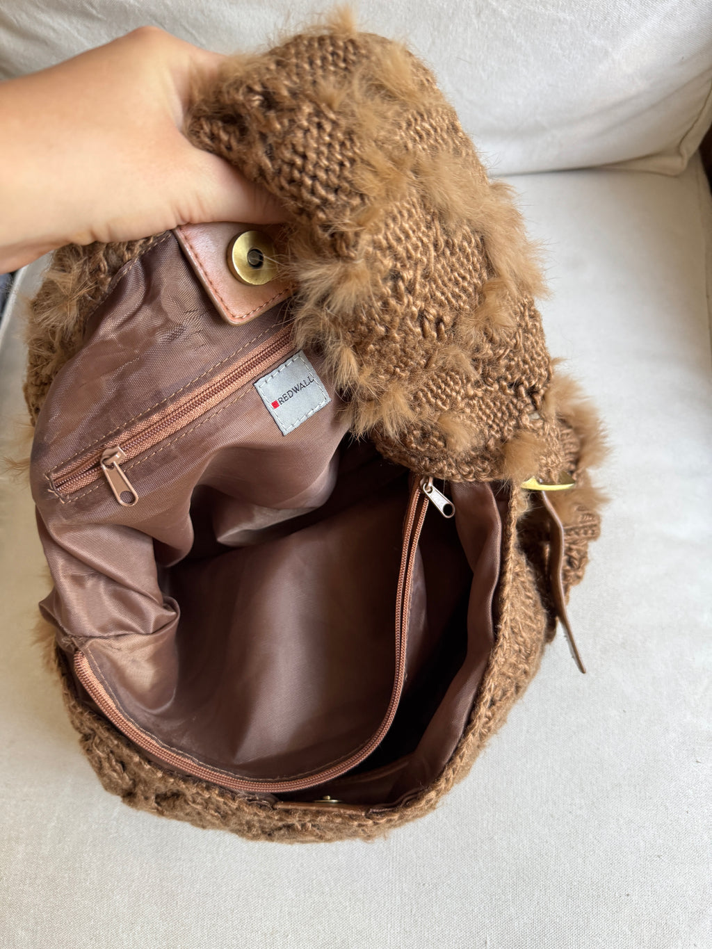 Brown Hobo Bag in Wool and Fur