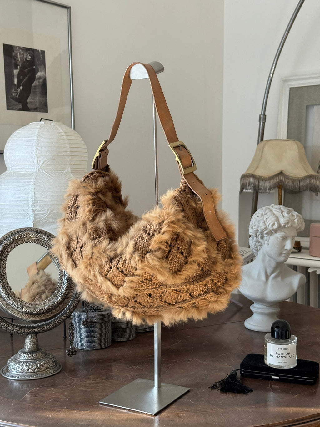 Brown Hobo Bag in Wool and Fur