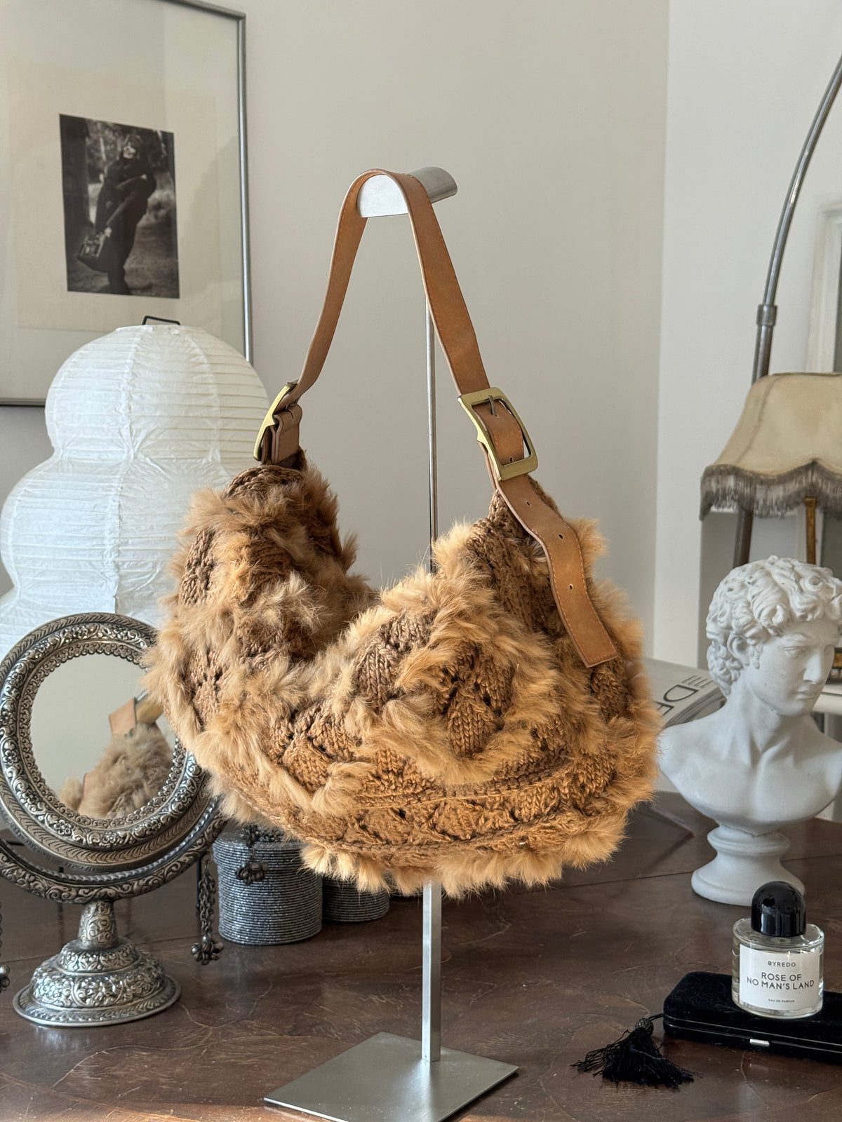Brown Hobo Bag in Wool and Fur