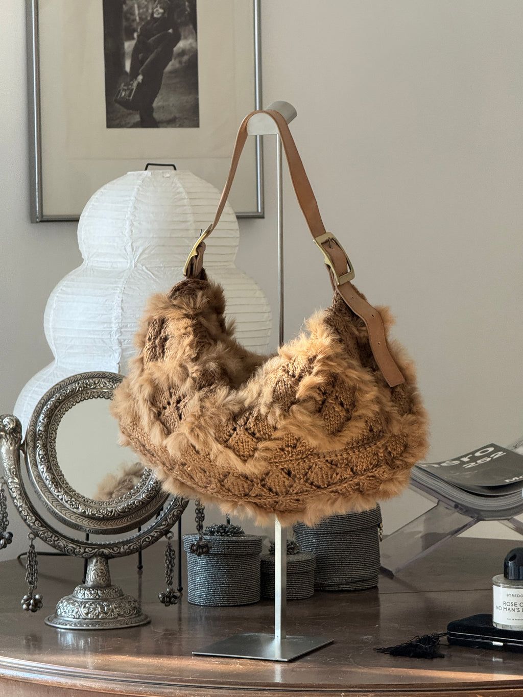 Brown Hobo Bag in Wool and Fur
