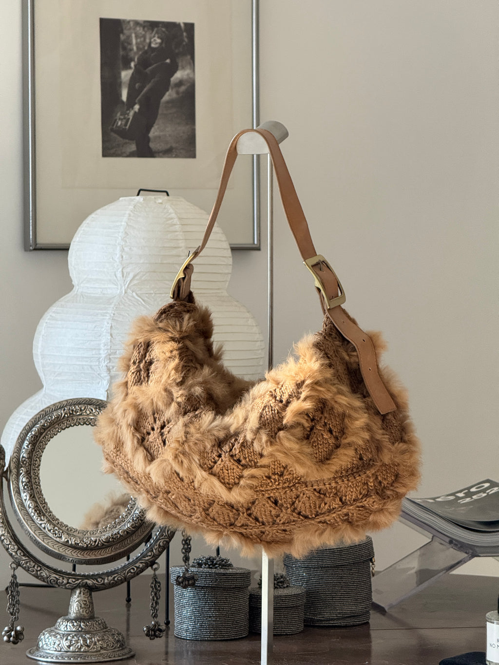 Brown Hobo Bag in Wool and Fur
