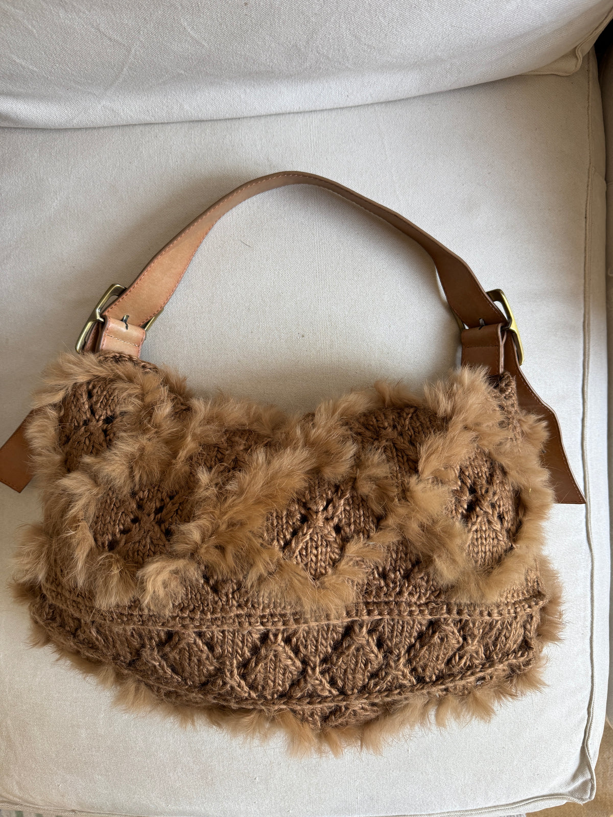 Brown Hobo Bag in Wool and Fur