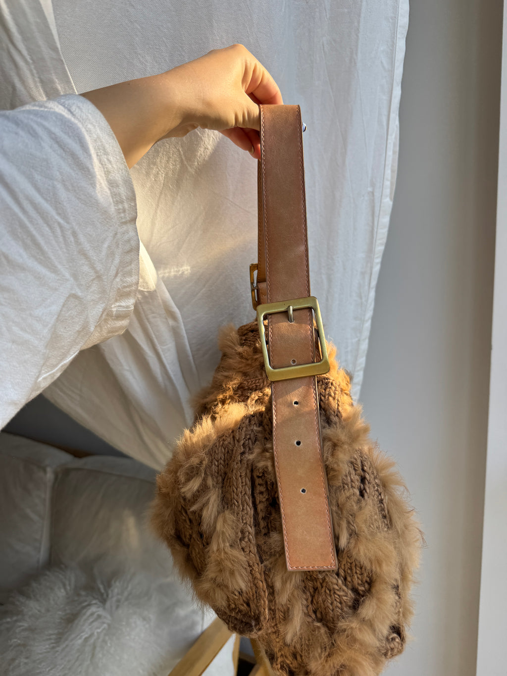Brown Hobo Bag in Wool and Fur
