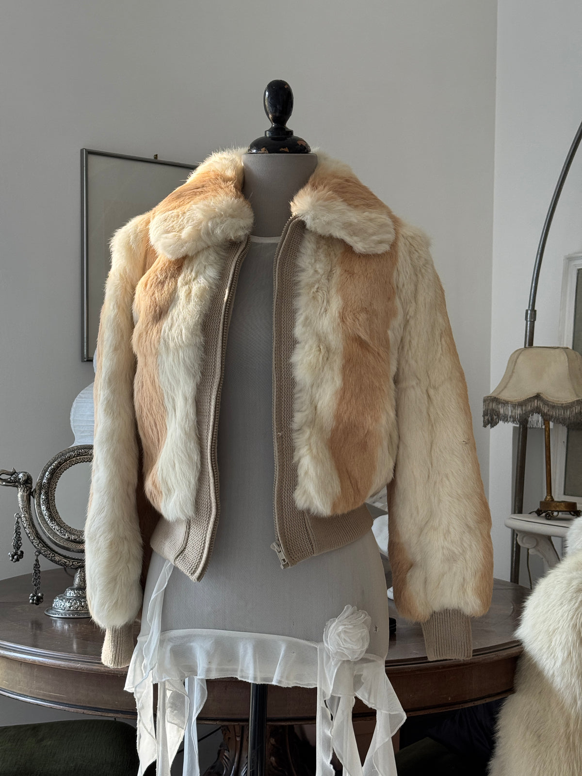 Beige Fur Bomber Jacket