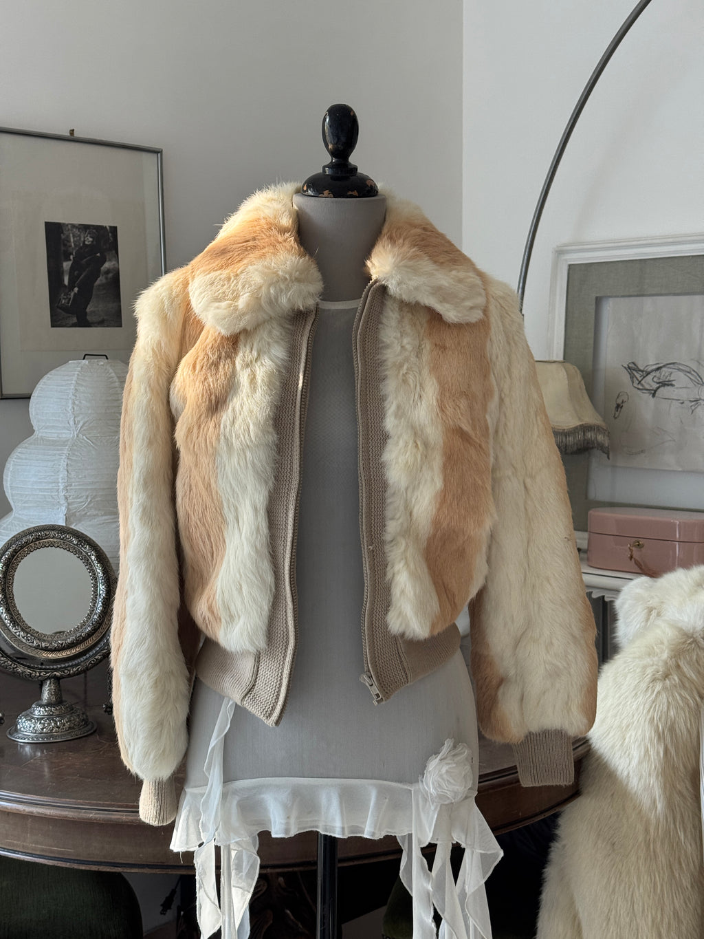 Beige Fur Bomber Jacket