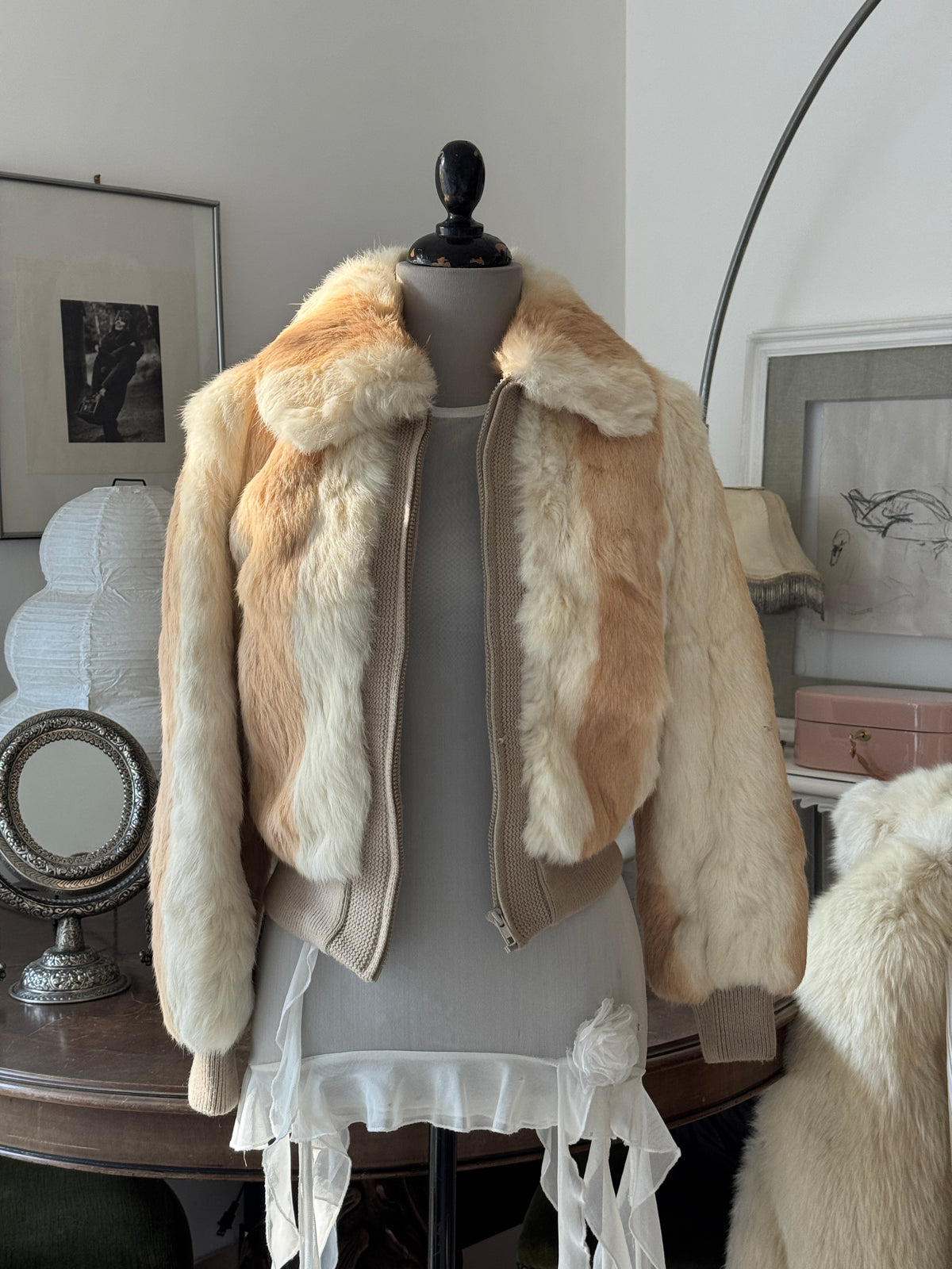 Beige Fur Bomber Jacket
