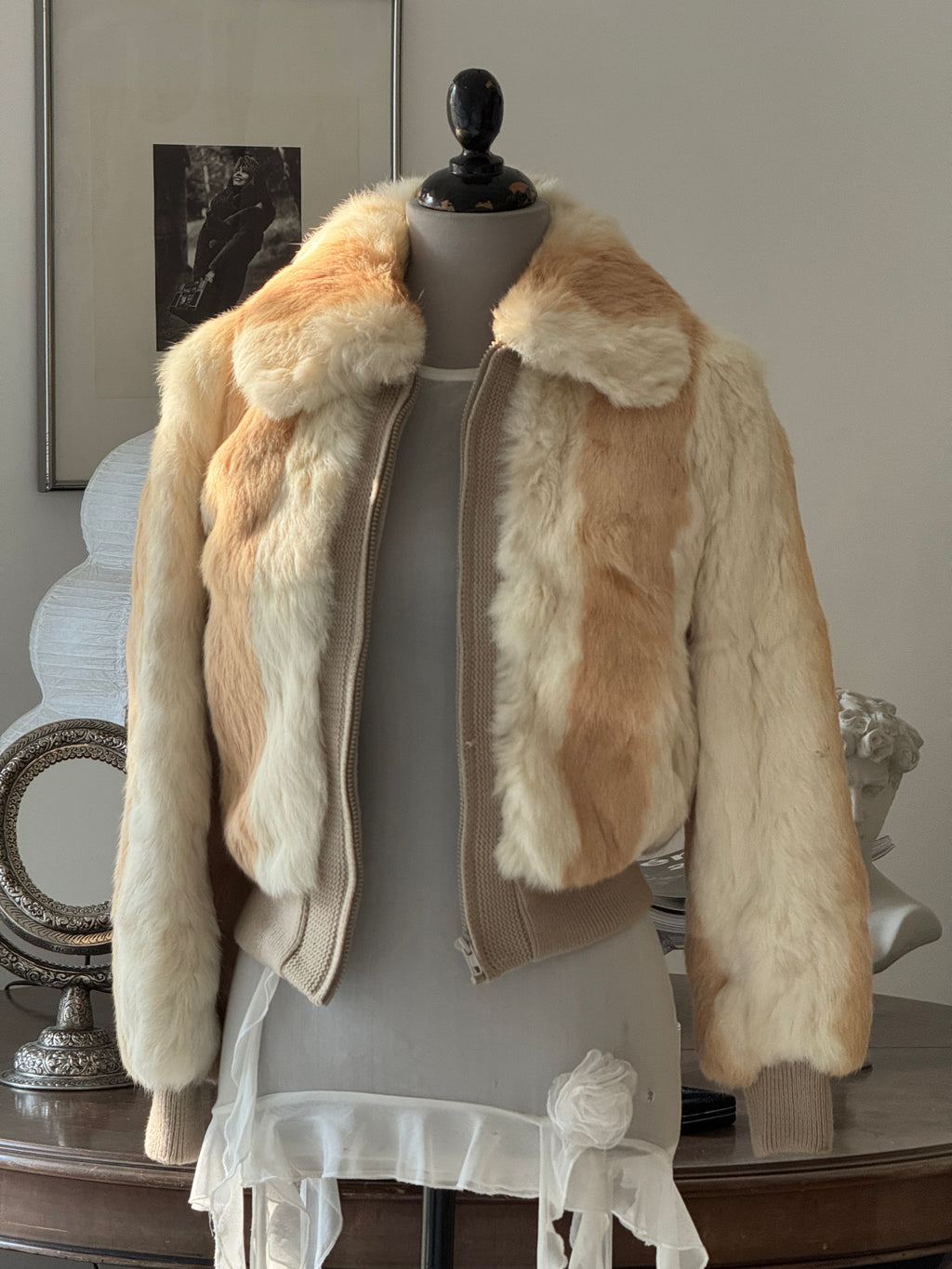 Beige Fur Bomber Jacket
