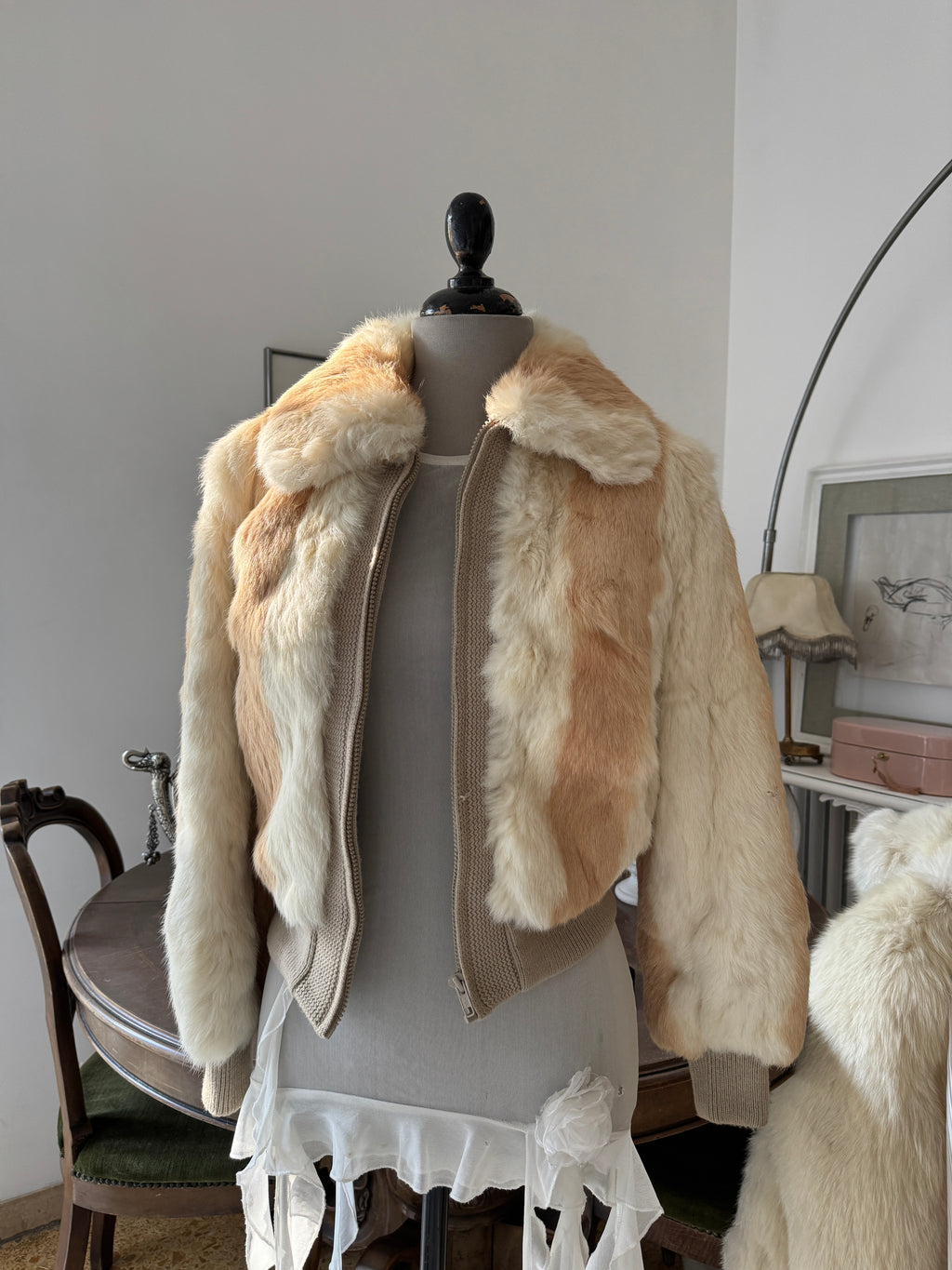 Beige Fur Bomber Jacket