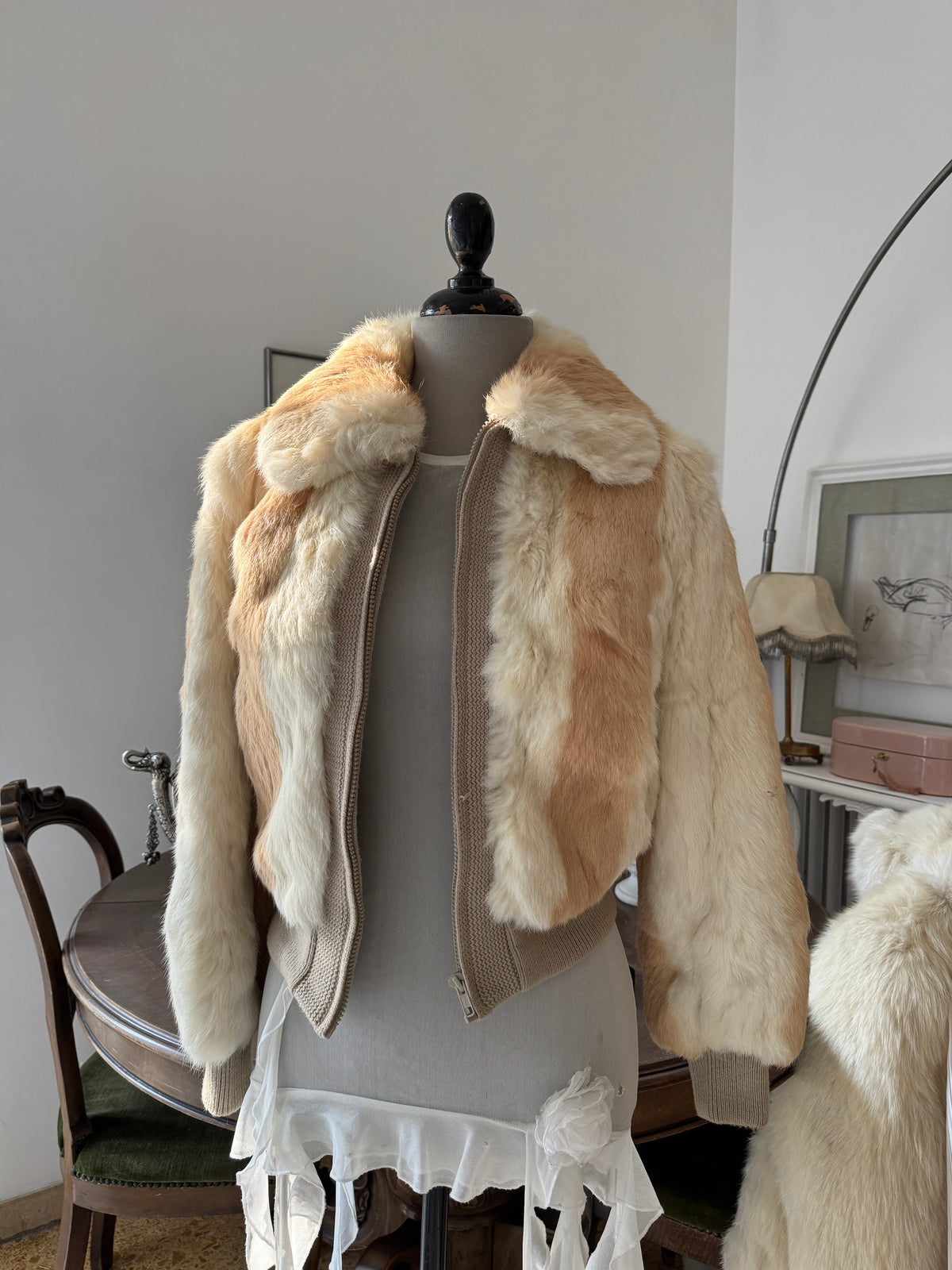 Beige Fur Bomber Jacket