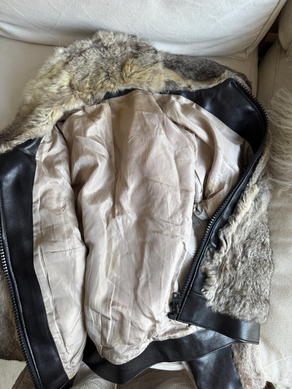 Grey Fur and Leather Bomber Jacket