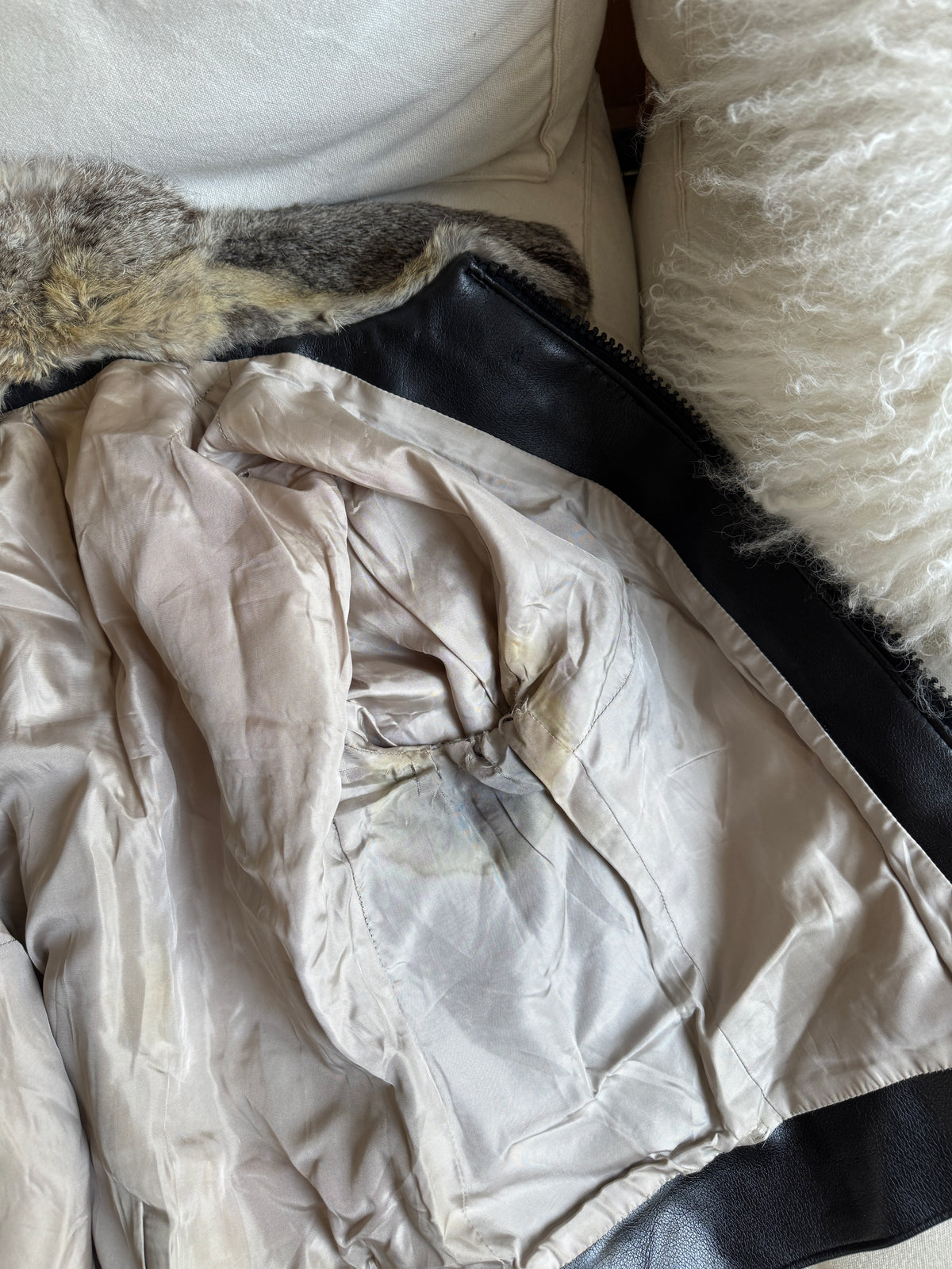 Grey Fur and Leather Bomber Jacket