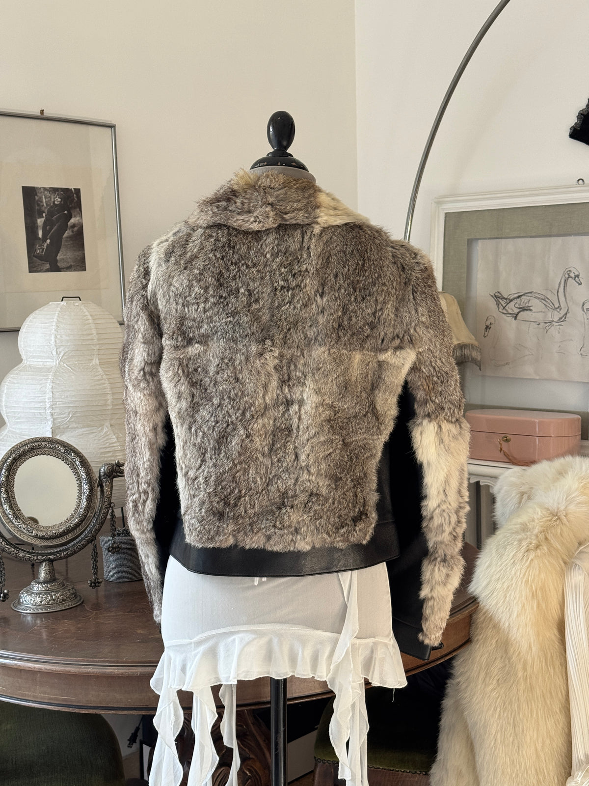 Grey Fur and Leather Bomber Jacket