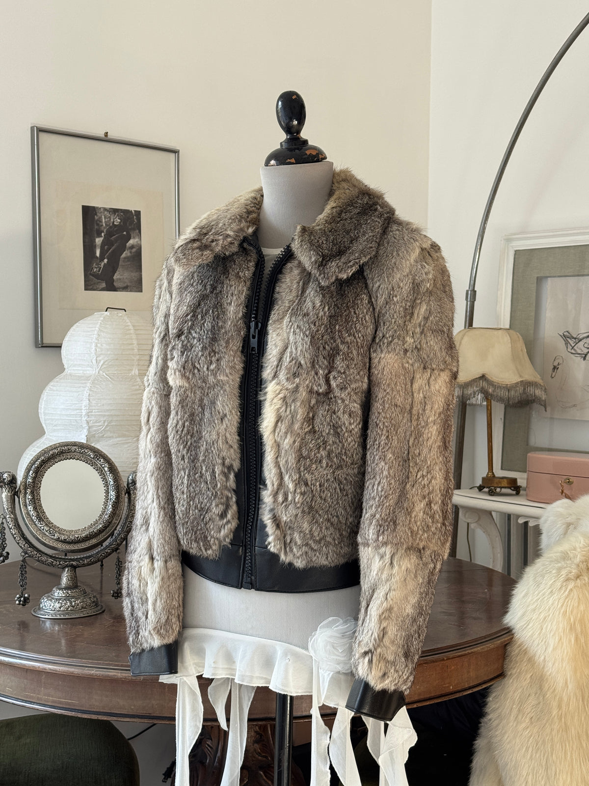 Grey Fur and Leather Bomber Jacket