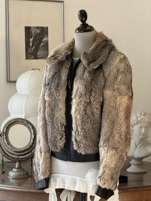 Grey Fur and Leather Bomber Jacket
