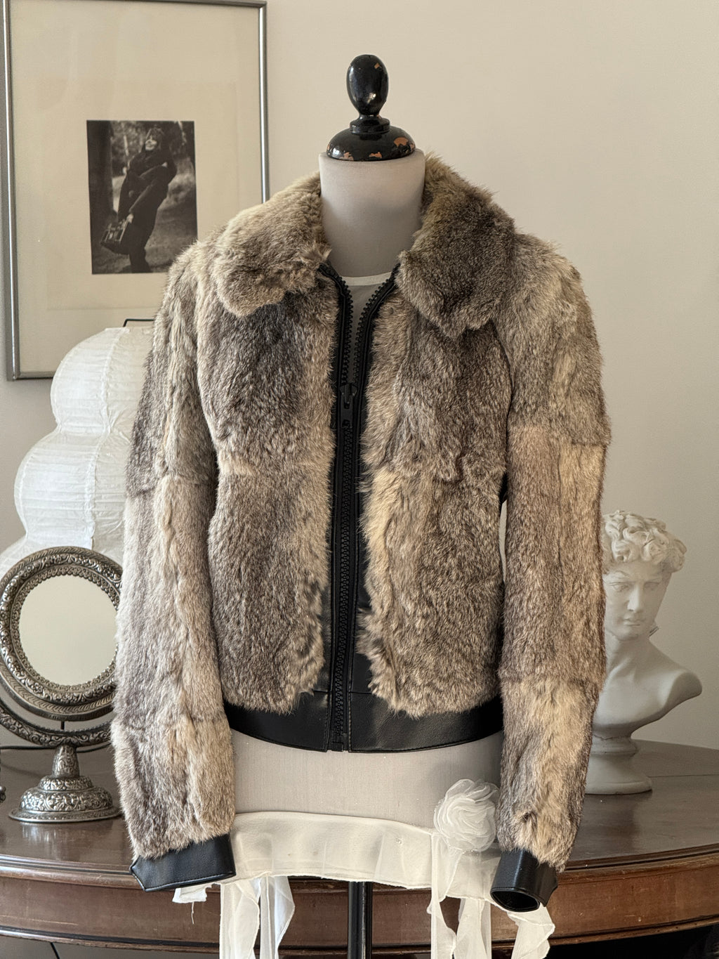 Grey Fur and Leather Bomber Jacket